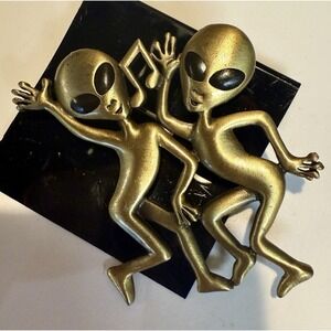 Vintage JJ Jonette Alien Brooch Large Gold Tone UFO Sci Fi Statement Pin